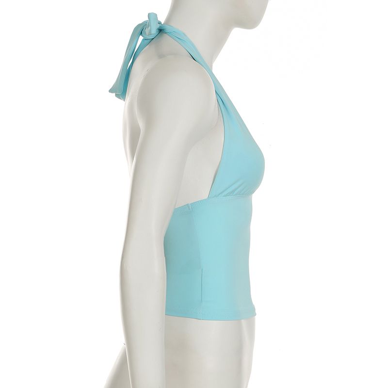 H Brand Abbigliamento da donna Stile americano Scollo a V profondo Colore unico Canotta con scollo all'americana Vita snellente Schiena scoperta con lacci_voghion.com