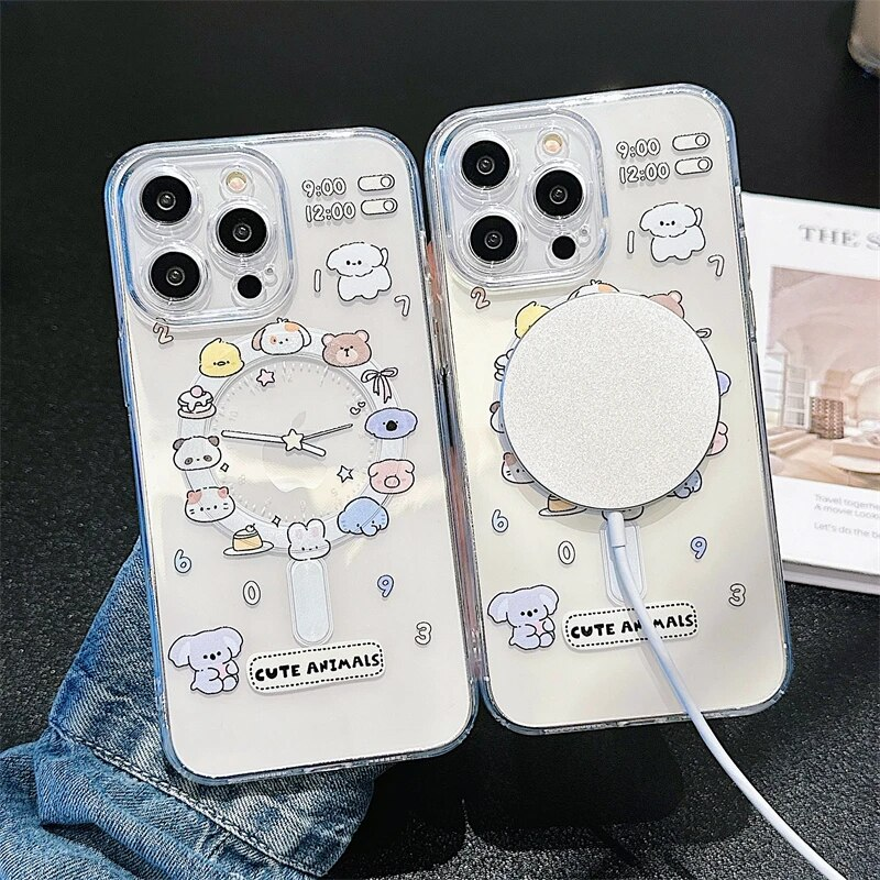 Cute Cartoon Animal Dog Cat Clear Phone Case For IPhone 11 12 13 14 15 16 Pro Max Plus Wireless Charging Magnetic Cover_voghion.com