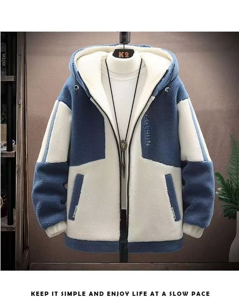 Herbst- und Wintermantel für Herren aus Sherpa-Kapuze, lose, trendige Marke, körniger Veet-Baumwollmantel, verdickt, kontrastierende Farbe, einfach_voghion.com