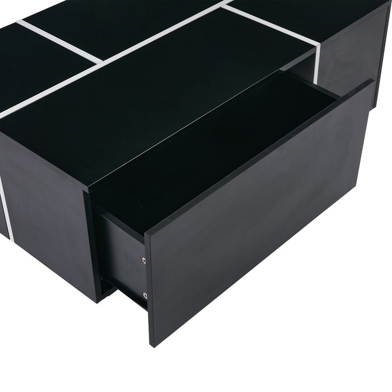 Table basse carrée noire moderne 100 x 60 x 40 cm, finition patchwork brillante, 4 tiroirs et plateau coulissant, supporte jusqu'à 30 kg._voghion.com
