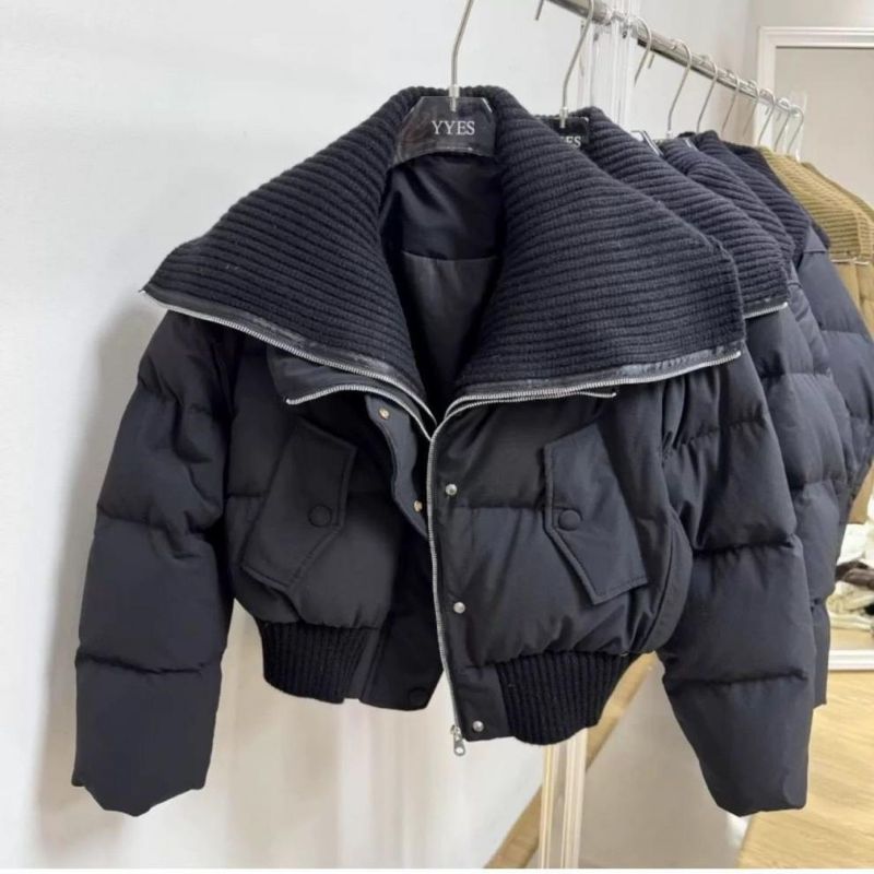Winter Short Puffer Jacket For Women - High Waist Oversized Lapel Coat With White Duck Down, Stylish & Warm Cropped Outerwear_voghion.com