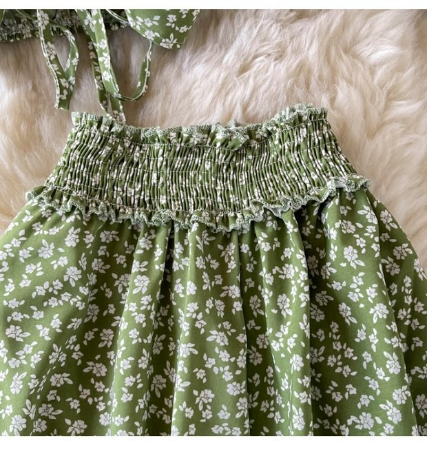 Gonna a trapezio con vita alta da donna, gonna floreale fresca, abito due pezzi, camicia corta in chiffon, estate_voghion.com