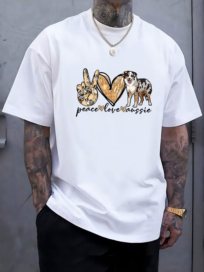 Paix, amour, Aussie, chien de berger australien, animaux de compagnie, animaux T-shirt unisexe Vêtements de créateur légèrement élégants Streetwear d'été Confortable Doux_voghion.com