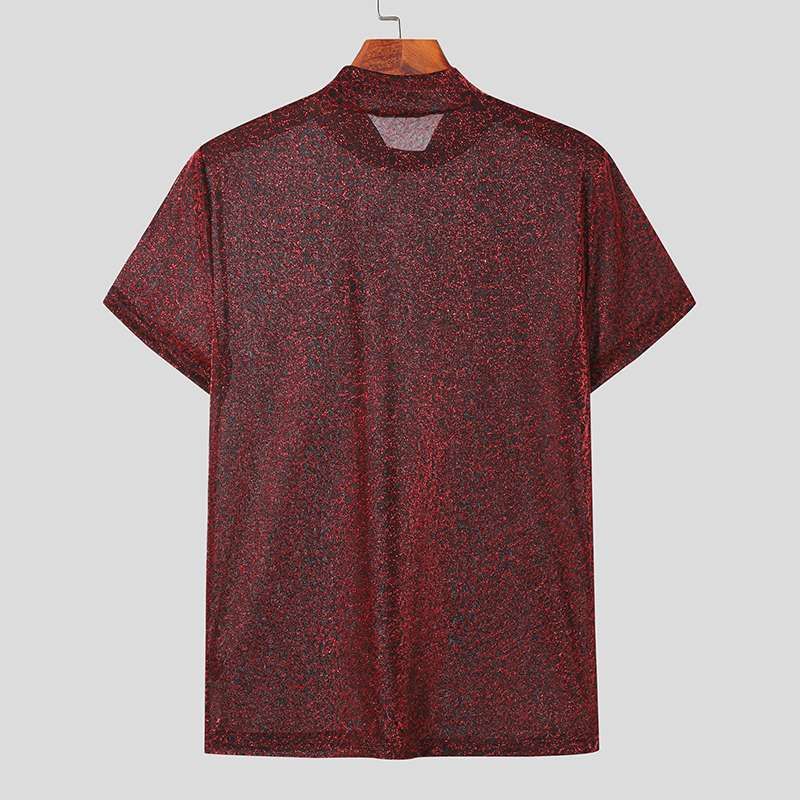 Men's Clothing Men's Personalized Textured Short Sleeved Bottoming Shirt Versatile Tight Sexy High Neck Stretch T Shirt_voghion.com