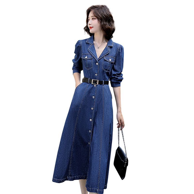 Abito in denim a maniche lunghe per donna in primavera e in estate, design sottile, stile francese, elegante, anti-età,_voghion.com