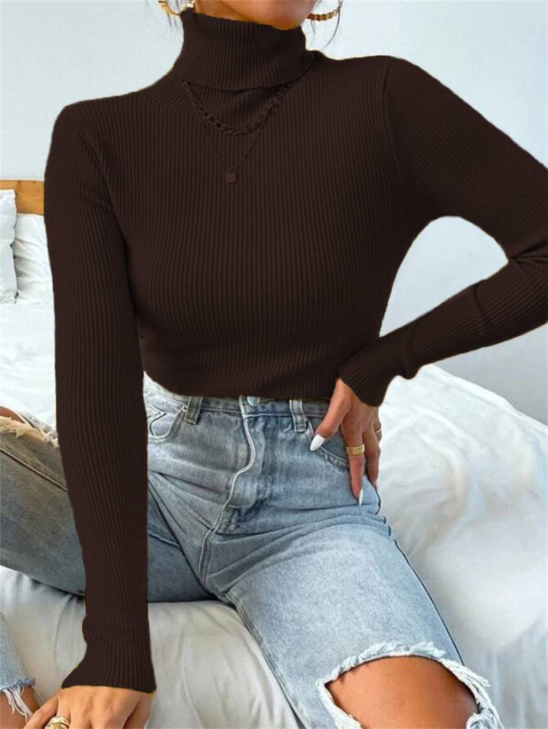 2024 Autumn Winter Women Long Sleeve Knitted Foldover Turtleneck Ribbed Pull Sweater Soft Warm Femme Jumper Pullover Clothes_voghion.com