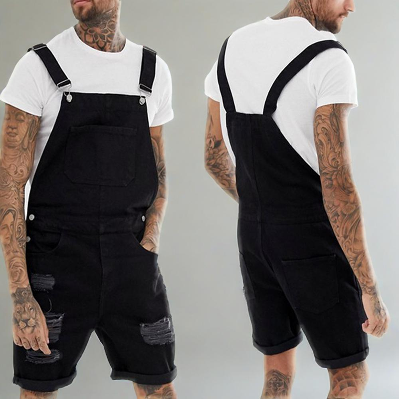 Men's Clothing Retro Men's Denim Ripped Land Edge Shorts One Piece Overalls_voghion.com