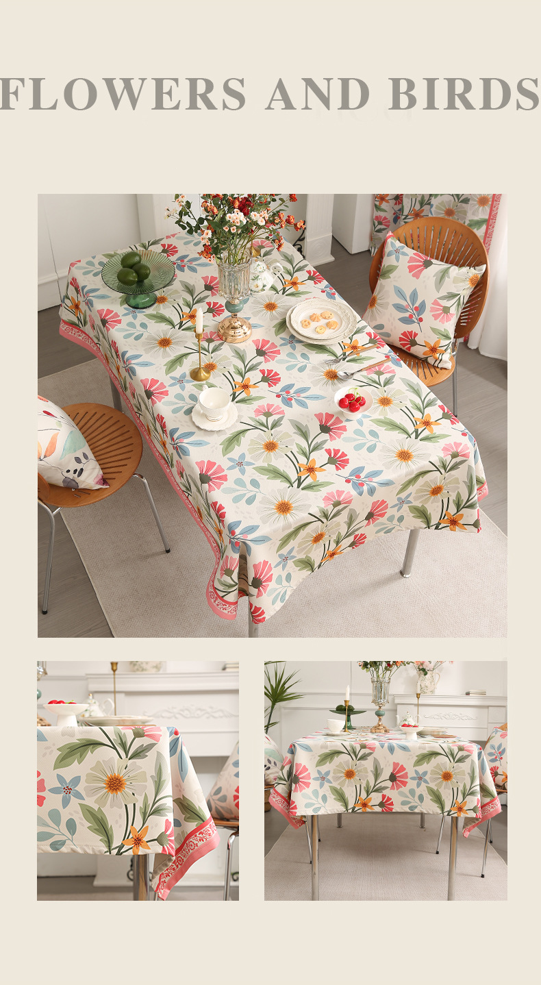 Nappe rectangulaire en coton et lin – Imperméable et oléophobe – Décoration florale bohème élégante pour table à manger et table basse_voghion.com