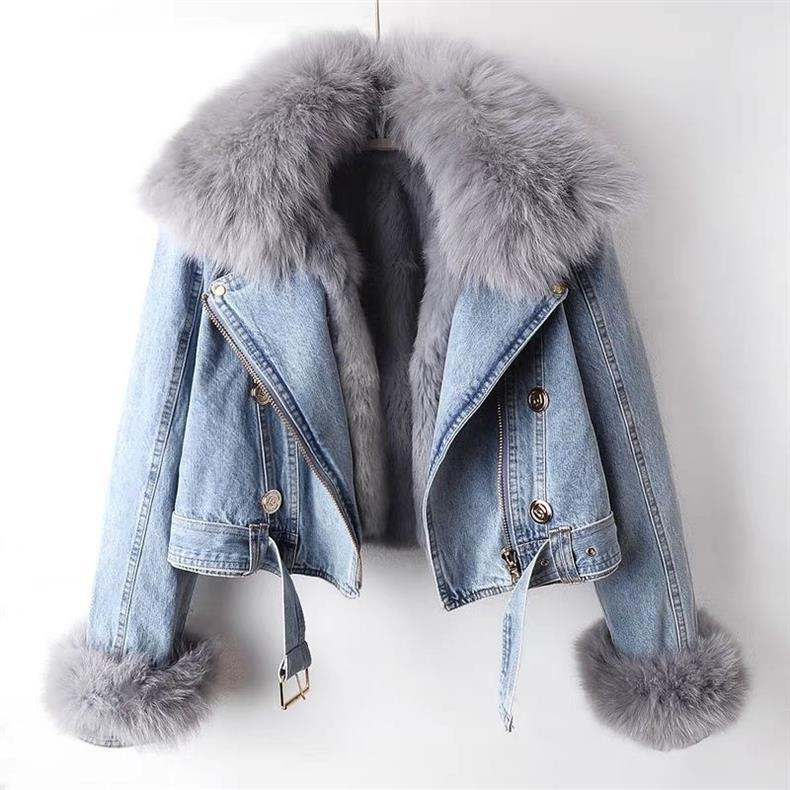 Giacca corta da donna con fodera in pelliccia di volpe sintetica rimovibile e pelliccia di coniglio, giacca in denim_voghion.com