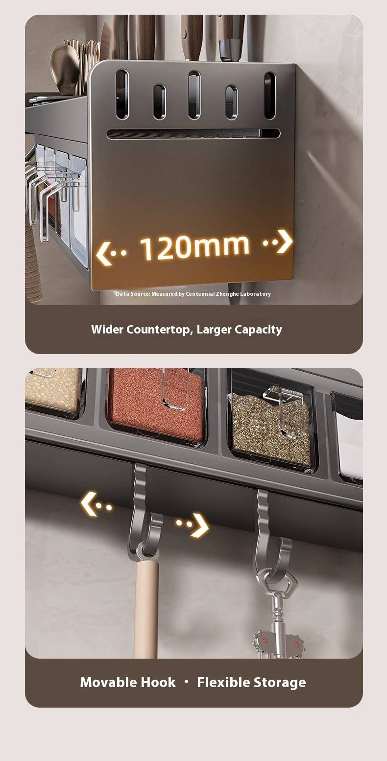 Gunmetal Kitchen Wall Organizer – Space-Saving Spice Rack With Knife Slots, Chopstick Holder & Utensil Hooks, No-Drill Mounting (5 Configurations)_voghion.com