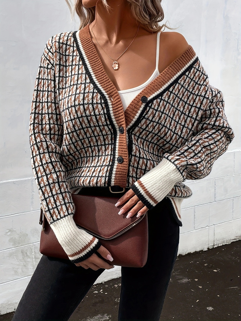 Elegant V-neck Houndstooth Knit Cardigan For Women - Soft Wool Blend Loose Fit Long Sleeve Open Front Sweater For Autumn Winter_voghion.com