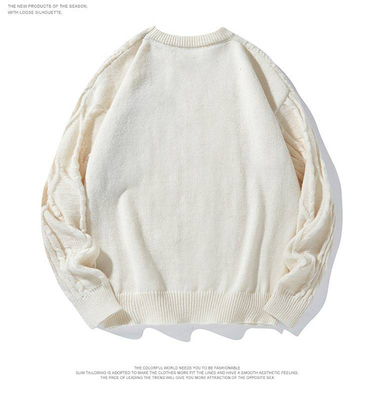 Men's Cable Knit Sweater - Oversized Casual Pullover With Ribbed Hem For Autumn/Winter (Black/Cream, M-Xxl)_voghion.com