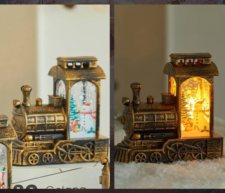 Luce notturna a forma di treno di Natale: lanterna a LED festiva attivata dall'acqua con disegni di Babbo Natale, renne e pupazzo di neve (dettagli con pennello dorato)_voghion.com