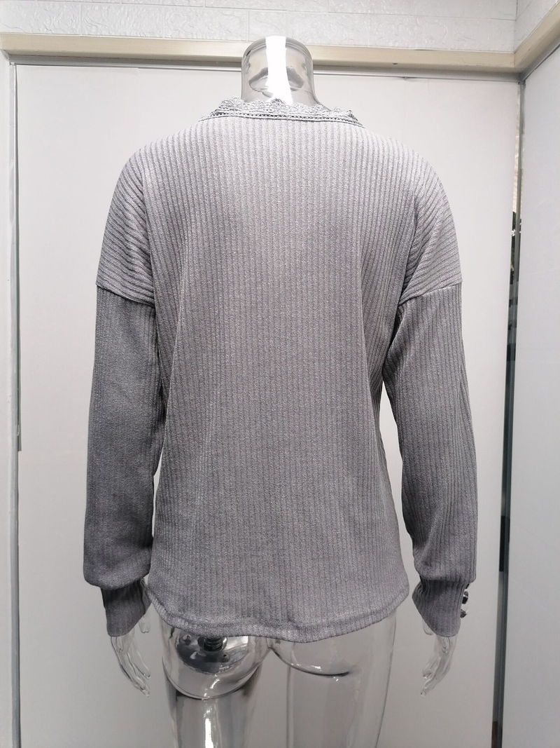 Maglione da donna in pizzo con scollo a V, maglione da donna, maglione sciolto a maniche lunghe in tinta unita_voghion.com
