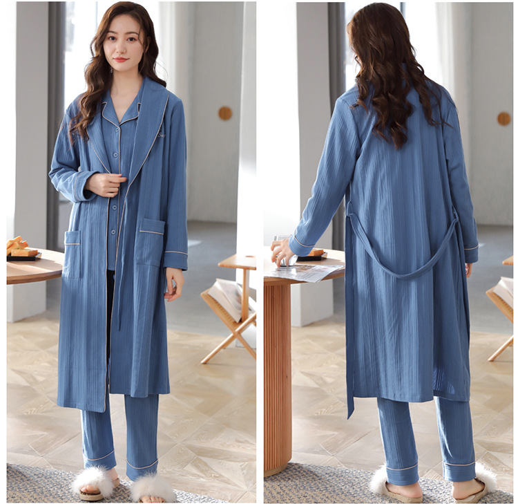 Couple nightgown women's spring and autumn pure cotton long-sleeved bathrobe pajamas men's autumn long bathrobe home clothes three-piece suit_voghion.com
