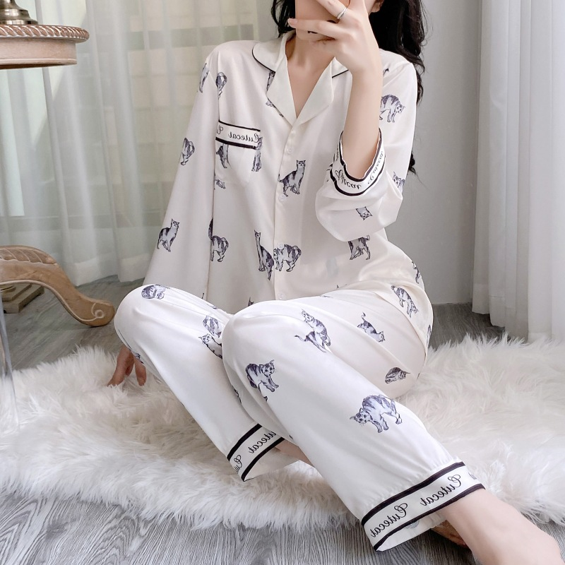 High-End-Schlafanzug mit Katzenmuster, süße, lockere, langärmlige Hose für Damen, Homewear, zweiteiliges Set, echte Aufnahme und Lieferung_voghion.com