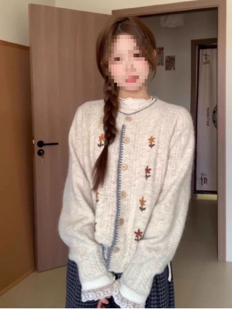 Ragazza giapponese, morbido e di alta qualità, girocollo, cardigan con ricami floreali, cappotto per donna, stile pigro, autunno inverno_voghion.com