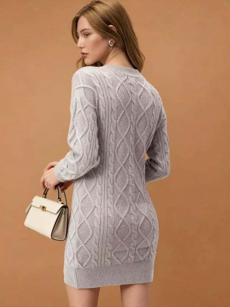 2025 Herbst Winter Neue Mittellange Pullover V-Ausschnitt Einfarbig Gestrickt Mode Lässig Damen Zopfmusterkleid_voghion.com