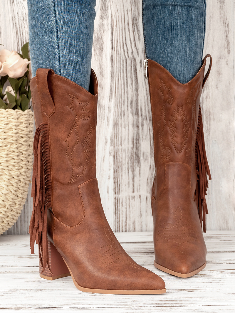 Jesensko/zimski špičasti viteški škornji do sredine nog Škornji z vezenimi resicami Beli novi kavbojski škornji v zahodnjaškem slogu_voghion.com