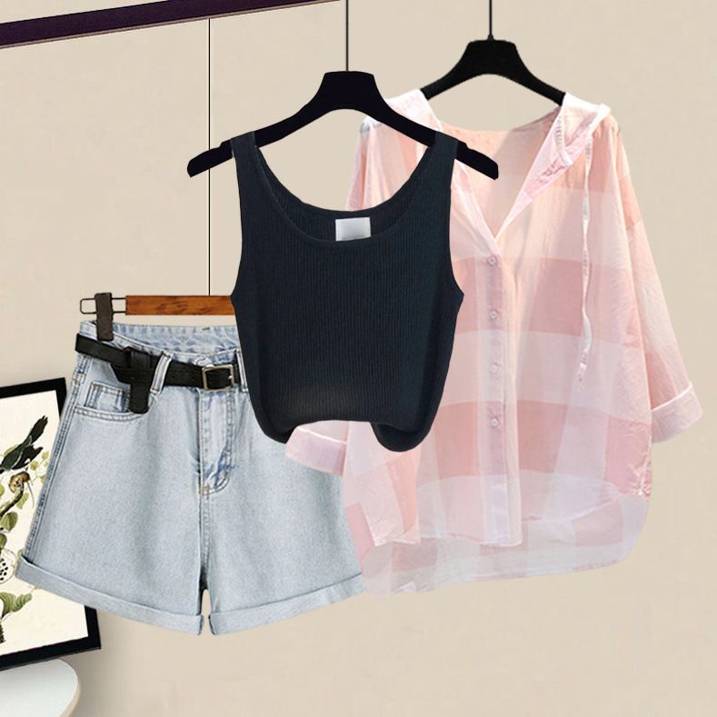 Damenbekleidung Sommer Plus Size Outfit Sonnenschutz Hemd Weste Slim Denim Shorts Dreiteiliges Set_voghion.com