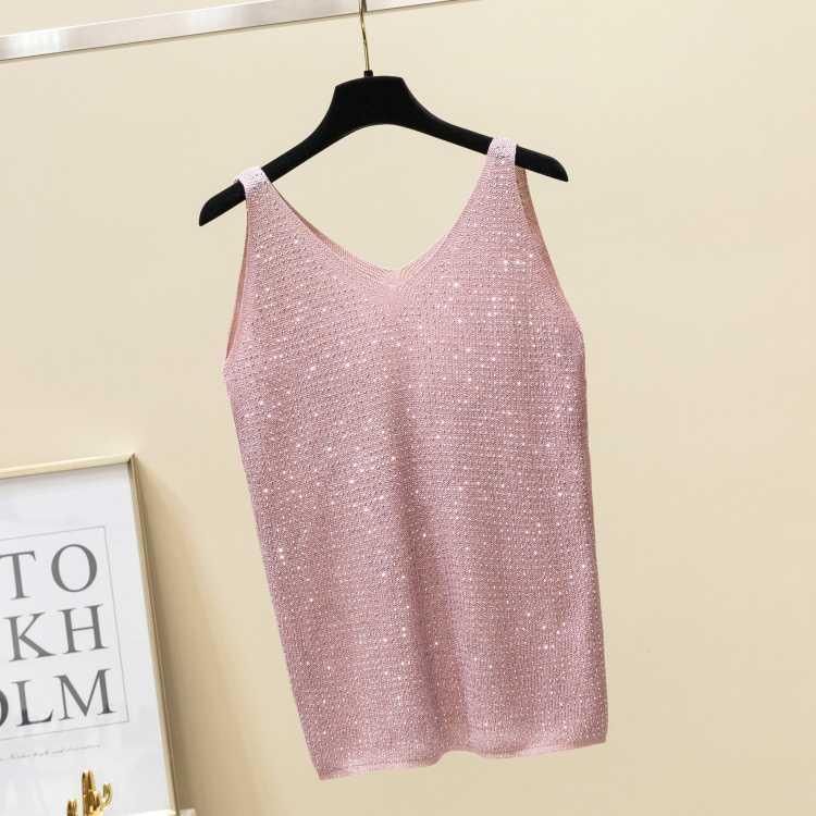 Women’s Clothing Loose Bright Silk Hot Diamond Summer Korean Ice Silk Heavy Knitted Sequined Vest New Style Bottom Outer Wear Sleeveless Top_voghion.com