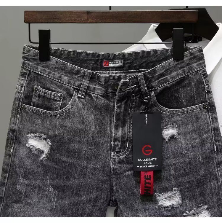 Short en jean pour homme, coupe slim, tendance, style coréen, noir et gris, cinq pièces_voghion.com