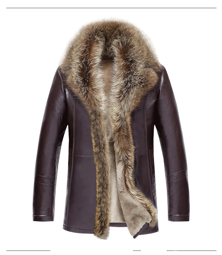 Abrigo largo de piel de mapache de invierno con cuello de piel grande para hombre abrigo de cuero grueso_voghion.com