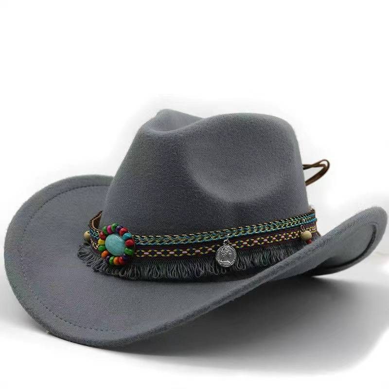 Cappello semplice a tesa rovesciata, cappello jazz in lana, cappello a cilindro stile inglese, cintura stile etnico, cappello da cowboy Western tinta unita_voghion.com