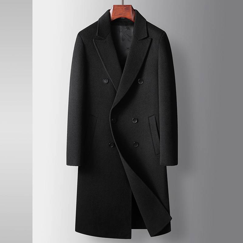 Herrenbekleidung Wollmantel zweireihig handgefertigt doppelseitig Wolljacke Jugend Business Casual Wolle Windjacke_voghion.com