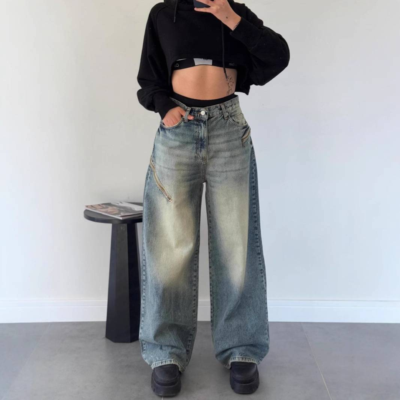 Dameskleding Retro Street Style Losse Gradiënt Versleten Mopping Dames Jeans_voghion.com