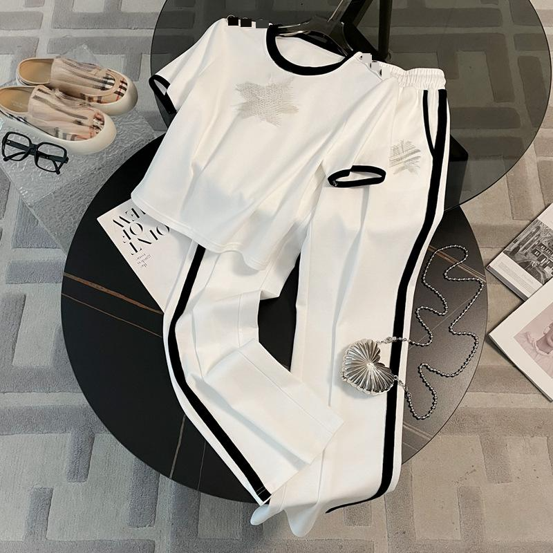 Damenbekleidung Lässiger Sport Modischer und schlanker Kurzarmanzug mit hoher Taille und gerader Hose, zweiteiliger Anzug mit Temperament_voghion.com