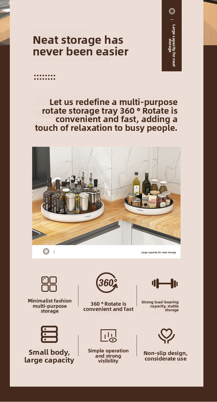 Vassoio portaoggetti girevole per la casa – Contenitore compatto girevole a 360° per cucina, bagno e ufficio – Design moderno in plastica PP in nero/grigio (25 cm/30 cm)_voghion.com