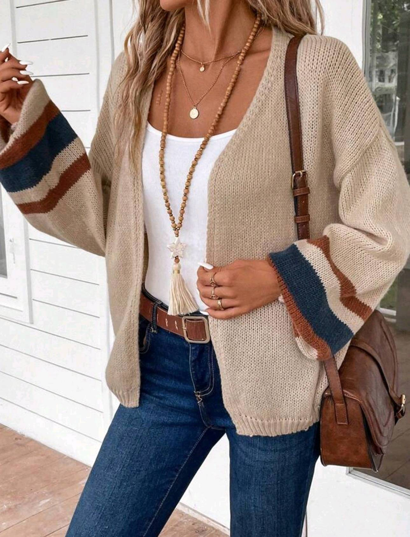Women's Oversized Knit Cardigan With Color Block Design - Cozy Long Sleeve V-Neck Sweater For Fall & Winter_voghion.com