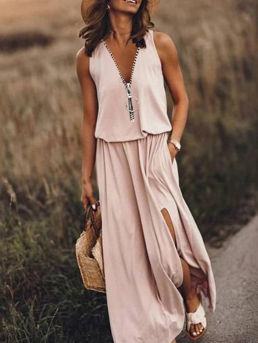 Trendy Sleeveless Zip-Front Letter Print Maxi Dress – High-Low Hem & V-Neck Casual Dress (Black/Red/Khaki/Print-Grey/Print-White/Print-Khaki, S-5XL)"_voghion.com