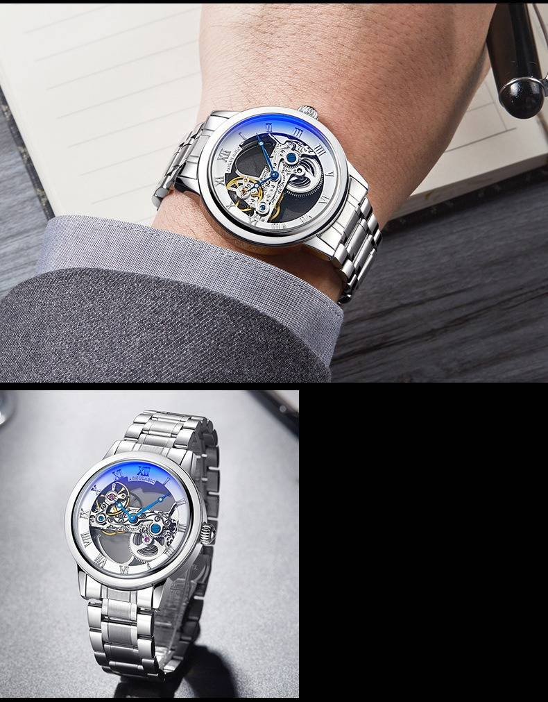 İskelet Kadranlı ve Şeffaf Kasa Arkalı, Paslanmaz Çelik Bantlı, 41 mm Çelik Kemerli Erkek Otomatik Mekanik Saat 5003G_voghion.com