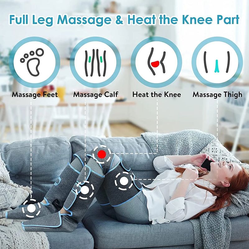 Masseur de jambes à compression d'air avec chaleur et vibrations - 3 modes, thérapie infrarouge, intensité réglable pour soulager les douleurs aux genoux et aux mollets_voghion.com