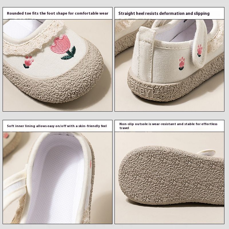 Unisex Tulip Print Canvas Shoes – Soft Rubber Sole Hook & Loop Sneakers For Kids (Breathable, Non-Slip, Beige)_voghion.com