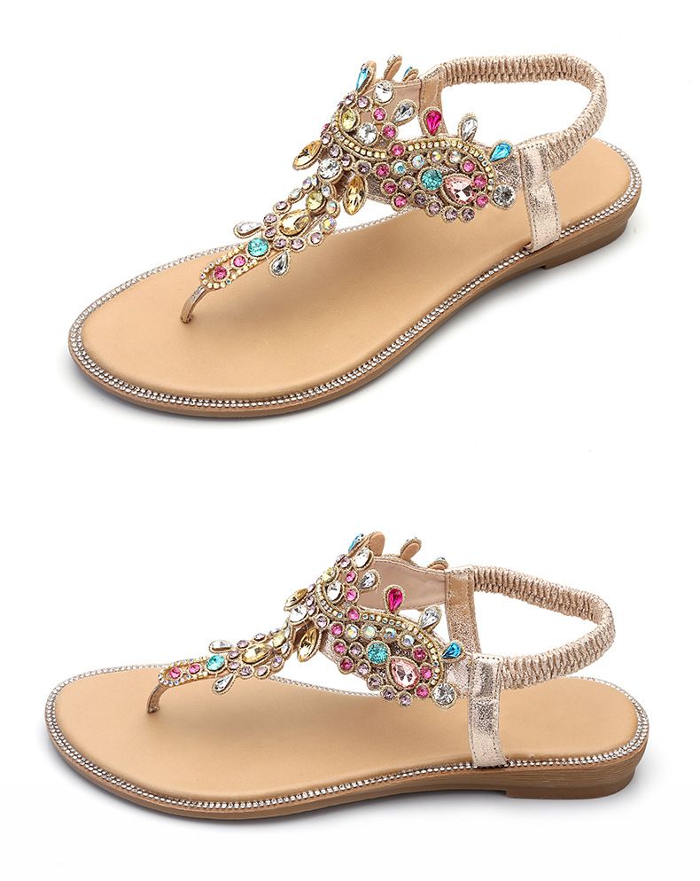 Sandales de plage à diamants colorés, sandales plates à bout rond, sandales décontractées grande taille_voghion.com