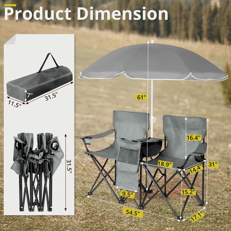 Portable Folding Picnic Double Chair With Umbrella, Table & Cooler – Beach Camping Chair, Red/Gray Palm Tree Design, Black Pineapple Pattern – Perfect For Outdoor Patio & Picnic_voghion.com