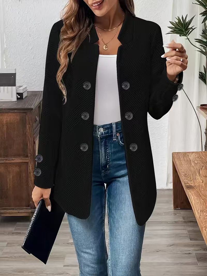 Fall/Winter Women's Elegant Blazer – Oversized Three-Button Long Sleeve Jacket With Stand Collar (Black/White/Gray, S-XXL)_voghion.com