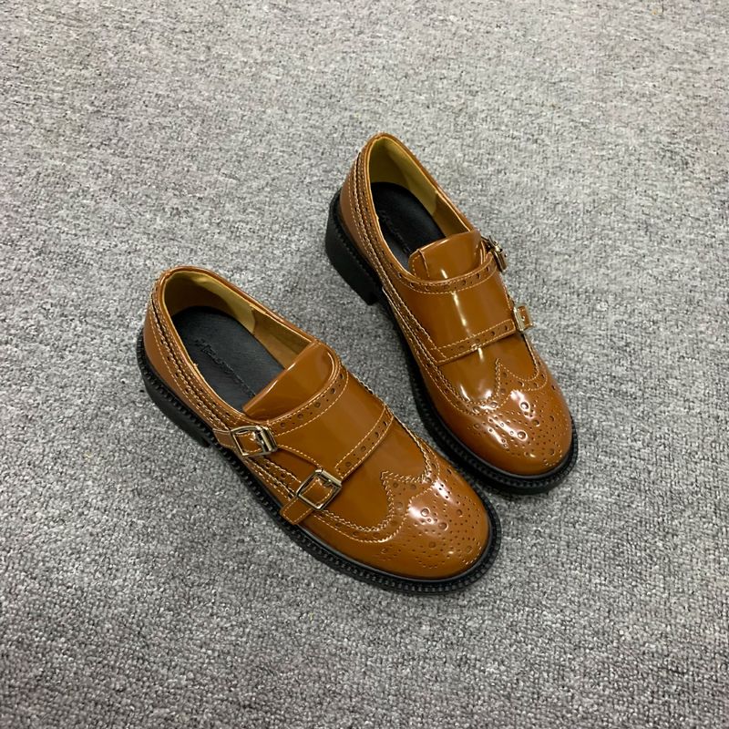 Instant Dispatch Grape Mom Same British Style Exquisite Carved Baroque Single Shoes Chunky Heel Loafers_voghion.com