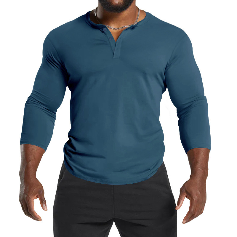 Unschlagbare Qualität 2025 Herbst Langarm Herren T-Shirt Rundhals Einfarbig Button Down Henley Casual Base Shirt_voghion.com