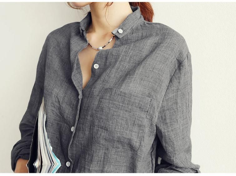 Abbigliamento da donna Camicie casual Maniche lunghe Camicie larghe e sottili da donna Camicia casual in lino Manica lunga Vestibilità ampia Leggera Protezione solare Top_voghion.com