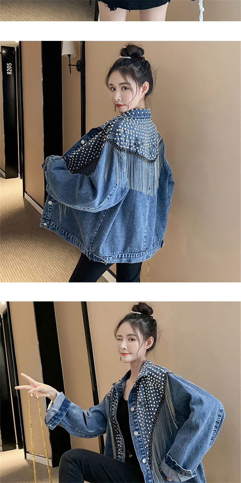 Chaqueta vaquera con remaches tachonados a mano para mujer, abrigo corto con borlas, chaqueta vaquera a la moda, abrigos negros Rock, novedad de primavera y otoño de 2023_voghion.com