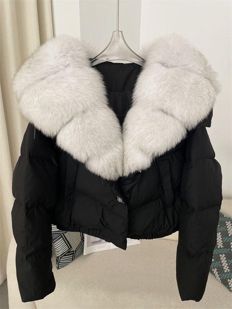 Piumino corto da donna con collo oversize in pelliccia di volpe - Cappotto invernale alla moda con piumino d'anatra bianca, pelliccia staccabile, vestibilità ampia, vari colori_voghion.com