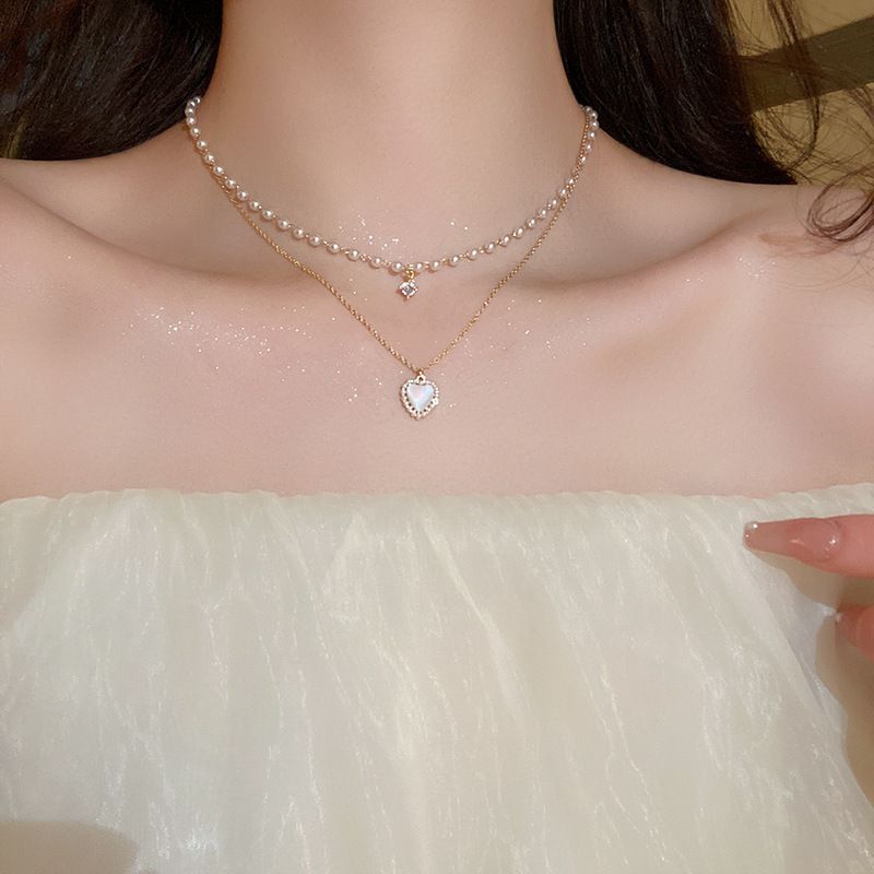 Genuine Gold Electroplated Pearl Double-layer Necklace With Creative Love, Sweet Collarbone Chain, Niche Instagram Style_voghion.com