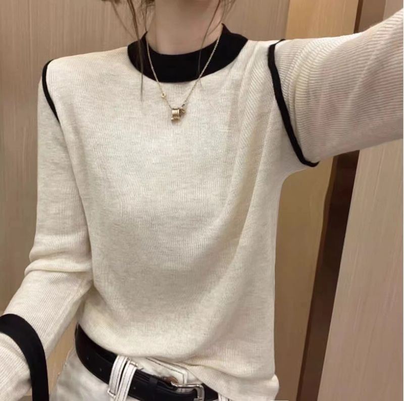 girl High-End Color-Block Round Neck Knitted Base Shirt Women, Slim Fit Pullover Soft Sweater For Spring And Autumn, Long_voghion.com