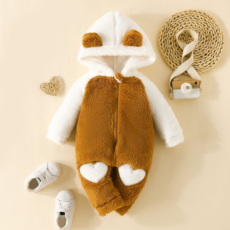 Fur Hooded Long Sleeved Long Legged Romper Baby Color Matching Plush Zipper Love Romper_voghion.com
