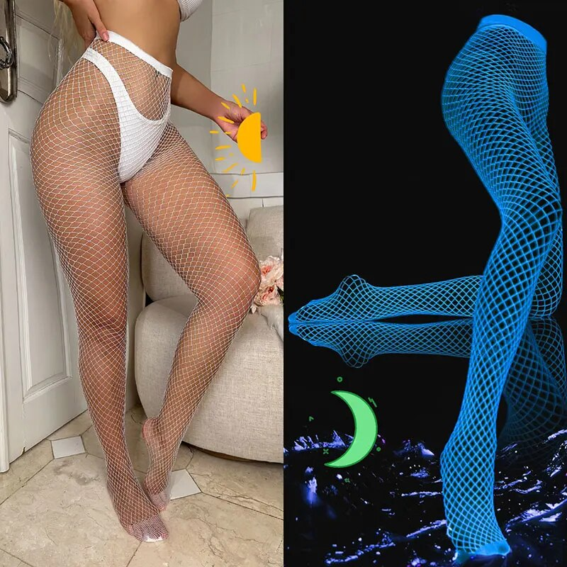 Calze lunghe da donna fluorescenti notturne Calze a rete per il corpo Curve Lingerie Y2k Tessuto a rete Vita alta Collant sessuali Sexy_voghion.com