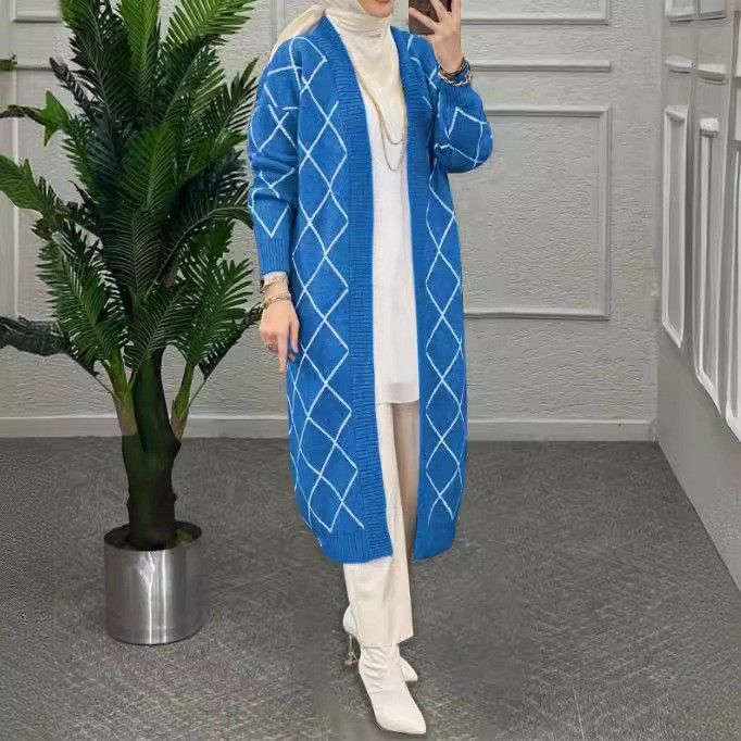 Modest Longline Cardigan For Muslim Women – Elegant Diamond Knit Open Front Cover-Up, Breathable Polyester Blend, Oversized Length (100cm+), Grey/Blue_voghion.com
